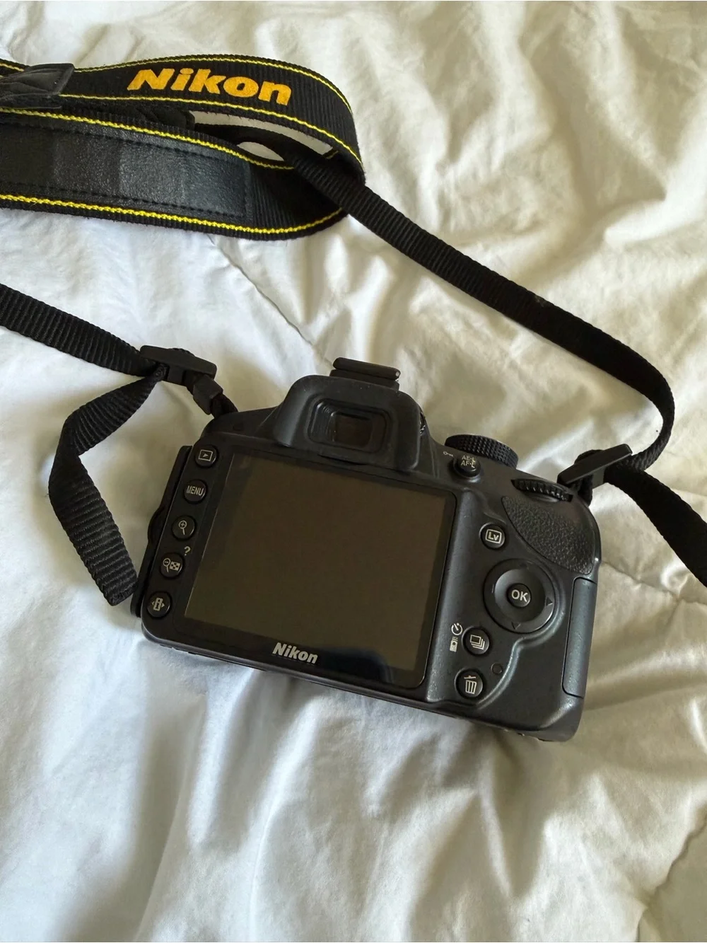 Nikon D3200 DSLR Camera Body in Black with Yellow-Trim Strap